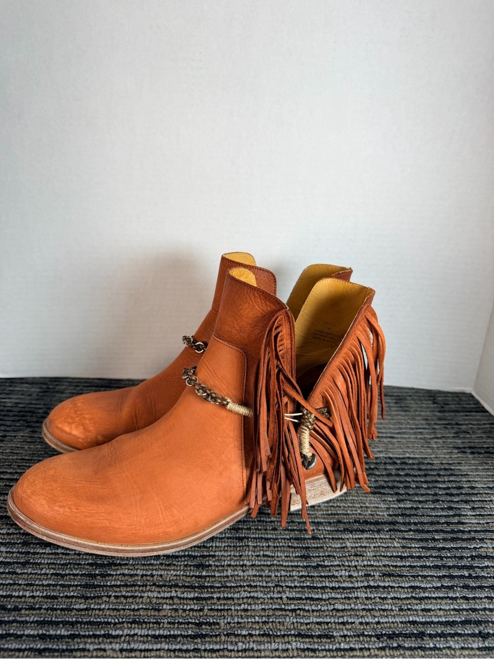 Fringe Detail Burnt Orange Leather Ankle Boots-Matisse-Size:9